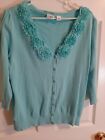 Ladies Turquoise Sweater Size L By Cato Flower Accent Button Front Rayon Nylon