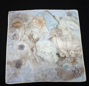 LORENZO VITTANI Twill Silk Scarf  Pale Blue Pearls/Lace/Glomesh  68 cm Square - Foto 1 di 12