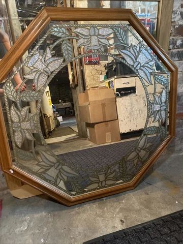 Windsor Art Octagon Wall Mirror Etched Bells Bows Vintage Floral Design HUGE Cover