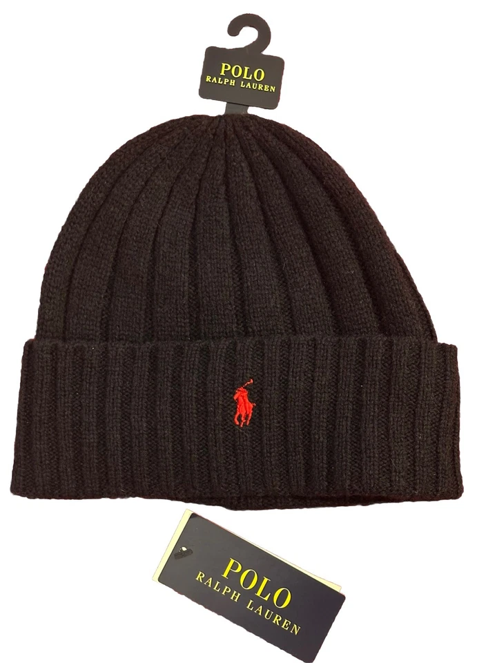 Ralph Lauren Para Hombres Polo Puño de Lana Gorro Tejido Sombrero Azul Marino Oscuro - Rojo Logo de Poni Foto 1 de 4