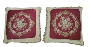 2 Almohadas de punta de aguja Borgoña Floral Rosas Borlas 18x18 Francés Cottagecore - Imagen 1 de 4