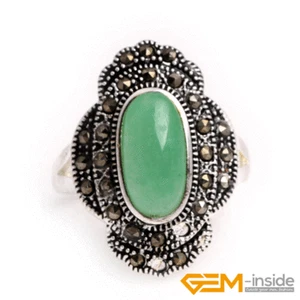 Natural Oval Egg Agate Gemstone Tibetan Silver Ring Marcasite Women Jewelry Gift - Picture 1 of 44