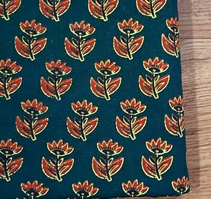 Green Red Indian By the Yard Fabric for Sewing Dressmaking Block Printed Floral - Picture 1 of 10