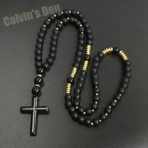 Collana croce perle onice nero opaco ossidiana lucido uomo donna regalo - Foto 1 di 6