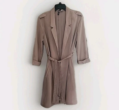 H&M Women's Tan Khaki Long Jacket Coat Open Front Pockets Size 8 Polyester - Image 1 of 4