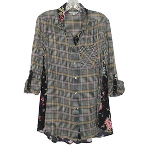 John Mark Women's Blouse Size S Mixed print tab sleeves Plaid Floral Bird - Picture 1 of 18