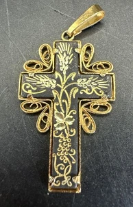Damascene Gold Tone Filigreed Cross Pendant Black With Wheat Design - Picture 1 of 8