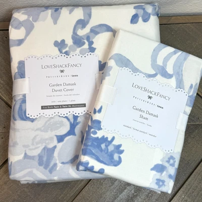 POTTERY BARN TEEN LOVESHACKFANCY DAMASK RUFFLE TWIN DUVET COVER & SHAM SET~ BLUE - Image 1 of 4