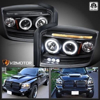 Black Fits 2005-2007 Dodge Dakota LED Dual Halo Projector Headlights Left+Right Foto 1 de 4