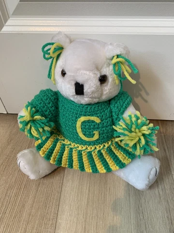 Green Bay Packers Cheerleader Plush Teddy Bear 12"  tall Handmade-Crocheted Top Cover