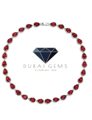 White gold finish pear cut red ruby and created diamond necklace free gift box  - Image 1 of 4