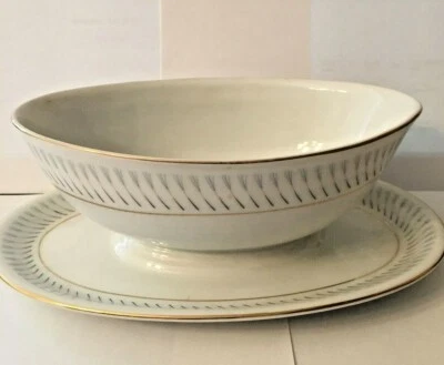 Hira Fine China H-111 GRAVY BOAT Modern white bowl with Gray Blue Border design - Image 1 of 4