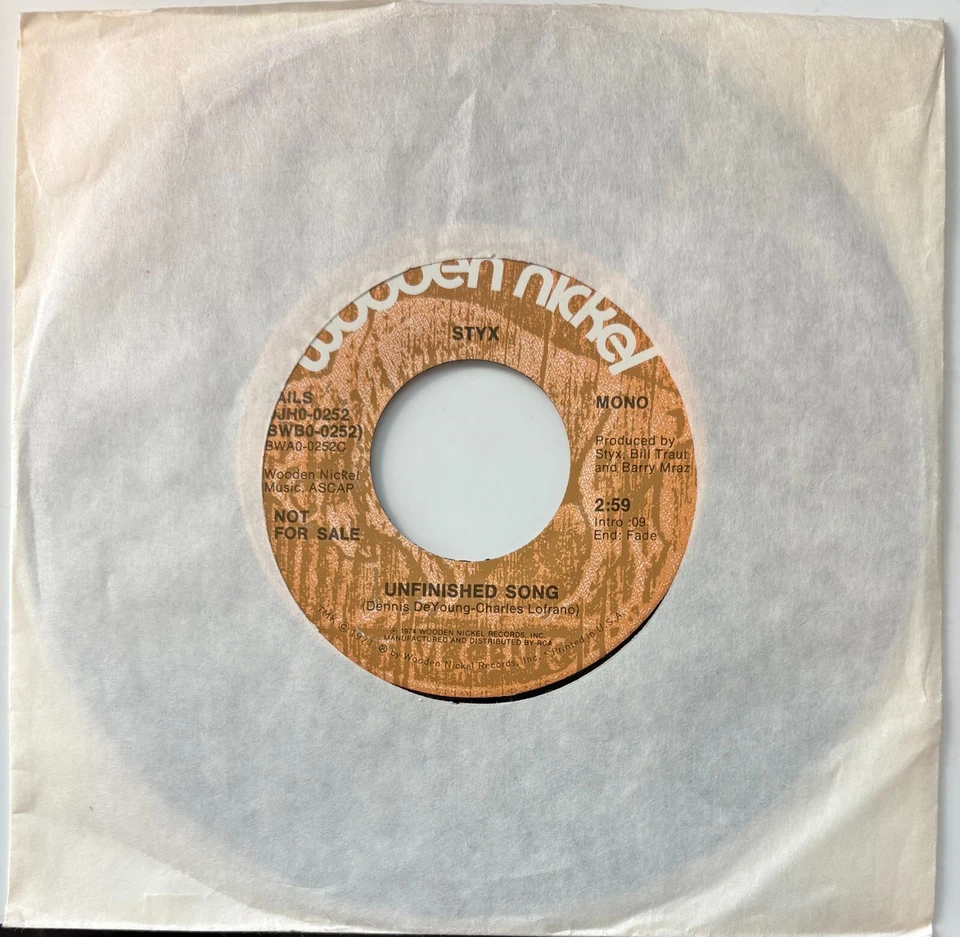 Styx 'Unfinished Song' Wooden Nickel Double A-sided Promo 45 For Non LP Track - Image 1 of 3