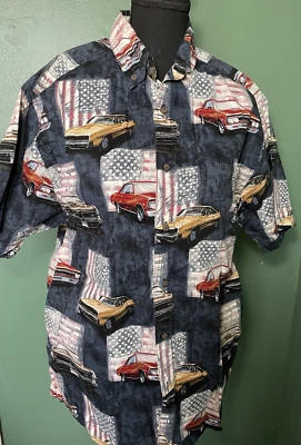 Muscle Car/American Flag Button Down Shirt Size M by Morgan Creek EUC - Image 1 of 4