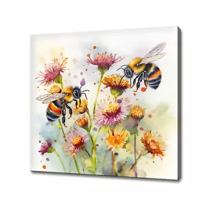 Honey Bees On Colourful Spring Flowers Watercolour Painting Style Canvas Print - Picture 1 of 7