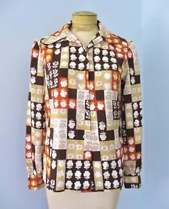 Vintage 70er Jahre braun Rost geometrische Blumen seidig Poly Sekretär Knopfbluse Top M/L - Bild 1 von 6