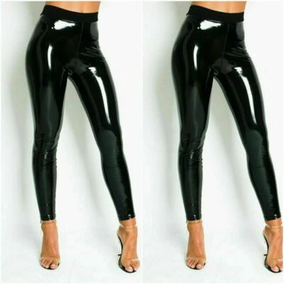 Ladies Women's Shiny PVC High Waist Wet Look Skinny Disco Vinyl Pencil Leggings  - Image 1 of 4