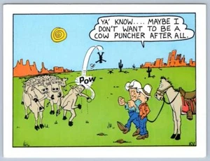 1980's COWS PUNCH MEN*COWBOYS*ROBERT CAVEY KV CARTOON POSTCARD - Picture 1 of 2