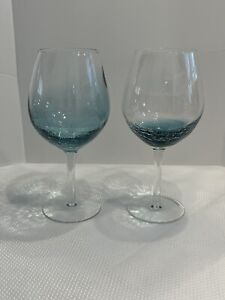 Pier 1 Teal Blue Crackle Glass Red Wine Glass Balloon 8 5/8” Set of 2