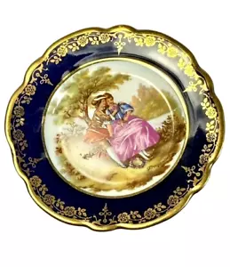 Antico piccolo piatto porcellana dipinto a mano Limoges France blu cobalto oro dorato - Foto 1 di 12