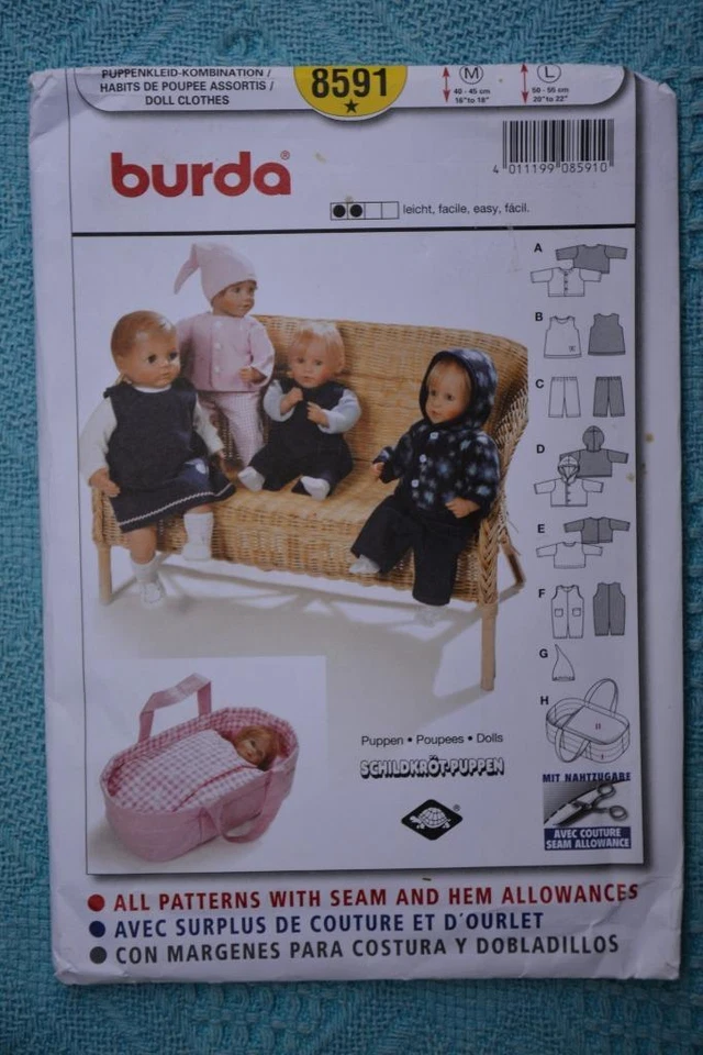 BURDA #8591 Sewing PATTERN 16"/18" - 20"/22" Doll Clothes Simple, Easy NEW-UNCUT - Image 1 of 1