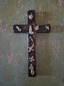 Mexican Religious Wood Cross Milagros Miracle Charms. Handmade 9.5 X 5.5 X .5 - Picture 1 of 6