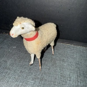 Antique German Putz Stick Leg Sheep 3 1/2" Pink Collar - Picture 1 of 4