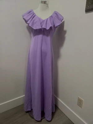 70s MOD LAVENDER POLY KNIT BIG RUFFLED NECKLINE EMPIRE WAIST MAXI DRESS SZ S - Image 1 of 4