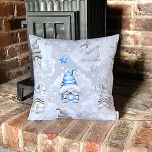 1284. Christmas Spirit in Blue on Grey 100% Cotton Cushion Cover Various sizes - Picture 1 of 7