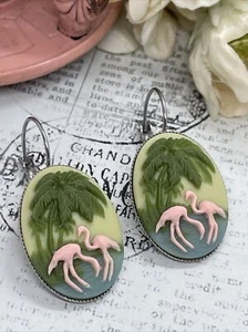Pink Flamingo Vacation Silver Wedding Gift Anniversary Earrings Cameo Birthday - Picture 1 of 12