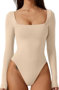 QINSEN Women's Sexy Square Neck Bodysuit Long Sleeve Double Lined Bodysuit Large - Picture 1 of 8