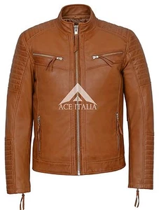 Mens Leather Jacket Quilted Shoulder Biker Style TAN Real Leather Jacket 2565 - Picture 1 of 12