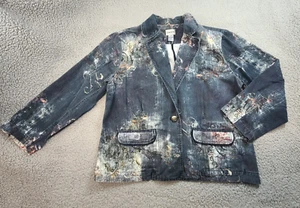 Chico’s Womens 2 Distressed Blue Denim Blazer Jacket Floral Paisley Metal Button - Picture 1 of 11