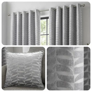 Curtina KENDAL Silver Geometric Jacquard Eyelet Curtains & Cushions - Picture 1 of 33