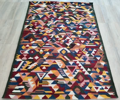 Colourful Hand Woven Area Rug 4 x 7 Kilim 100% Wool Indian Panja Dhurrie 140x200 - Image 1 of 4