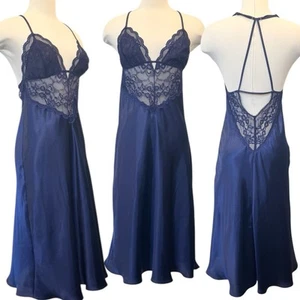 In Bloom by Jonquil Stretch Lace Silky Satin Deep Blue Sheer Chemise Slip Dress - Picture 1 of 7