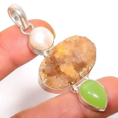 Pingente de joia folheado a prata pérola quartzo amarelo natural drusa 2,54" TP731-576 - Imagem 1 de 3