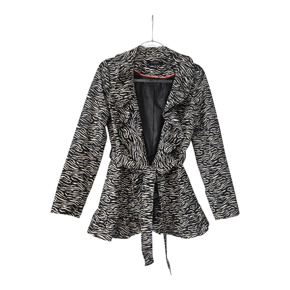 Sandro 女式中号动物印花荷叶边前夹克黑色/薄纱自绑腰 — 第 1/4 张图片