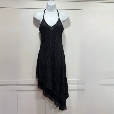 Vintage Bebe 90s Y2K Black Burnout Slip Dress Asymmetric Maxi S Whimsigoth Fairy - Image 1 of 4