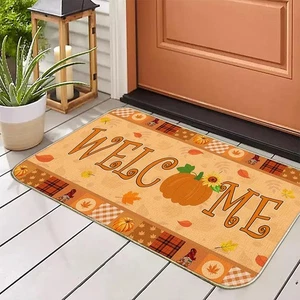 Indoor Outdoor Autumn Doormat with Maple Leaves and Pumpkins 17x30 for Entryway - Picture 1 of 7