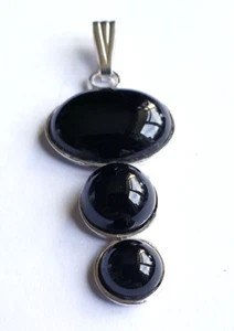 925 Sterling Silver Triple Black Onyx Unique Pendant, 48 mm long. - Picture 1 of 3