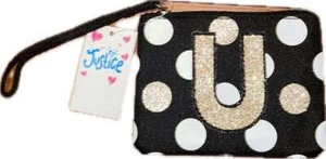 Justice Black & White Polka Dot Gold Initial “U” Wristlet Wallet - Picture 1 of 2