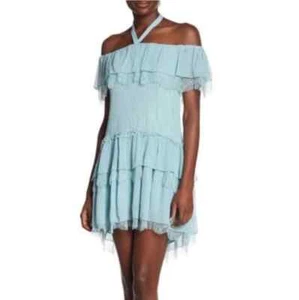 Alice Olivia Icy Aqua Flora Off-the-Shoulder Lace Dress Ruffle Halter NWD S - Picture 1 of 7