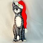 VINTAGE CHRISTMAS CAT WEARING STOCKING HAT WOODED HAND PAINTED POSTCARD Made USA