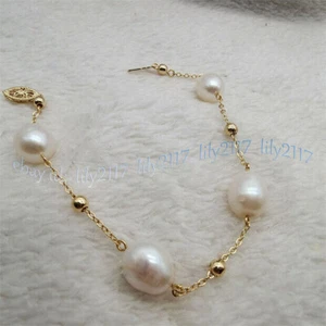 Real Natural White Freshwater Pearl Gold Chain Bracelet 7.5-8'' 14k Clasp 6-11mm - Picture 1 of 11