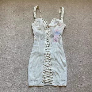Brandneu mit Etikett Oh Polly Nalda weiß ausgeschnitten Schnürkorsett Bodycon Minikleid Größe 6 UK - Bild 1 von 3