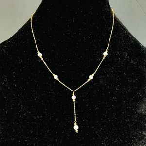 Culture Pearl Station Necklace Drop 10k Yellow Gold beads Chain 2.42g 17”+ 1.5” - Picture 1 of 11