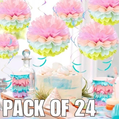 24pcs Hanging Paper Pom Poms & Spiral Decorations Wedding Party Baby Shower - Image 1 of 4