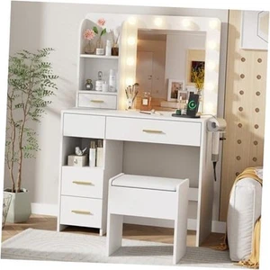 Vanity Desk with LED Lighted Mirror&Power Outlet, 3 Lighting Colors Makeup - Picture 1 of 7