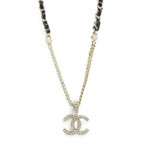 Collana CHANEL Coco Mark catena strass ciondolo pelle oro nero Abd110